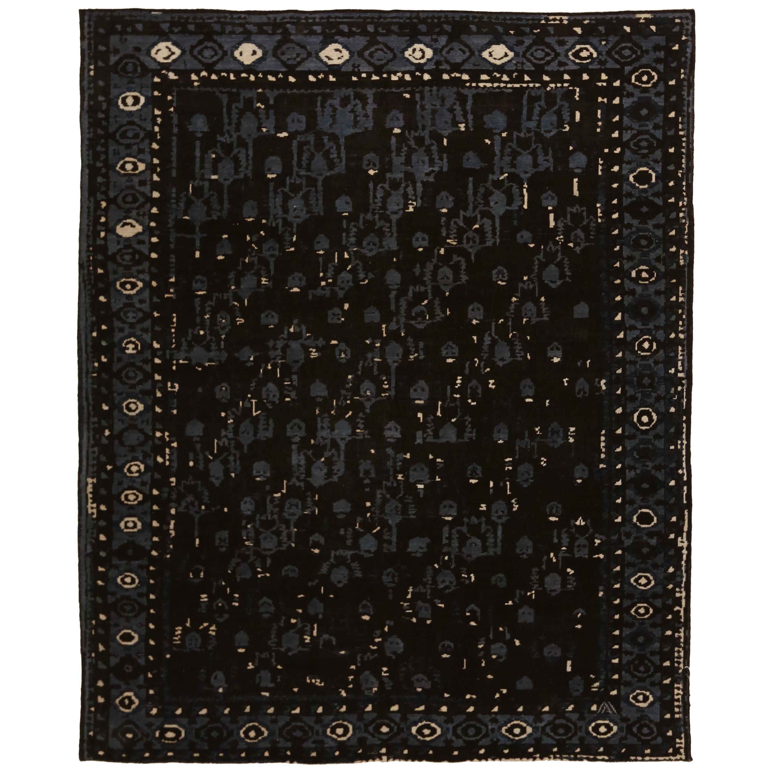 Modern Oushak Persian Rug in Black and Gray with Geometric Details For Sale