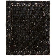 Modern Oushak Persian Rug in Black and Gray with Geometric Details
