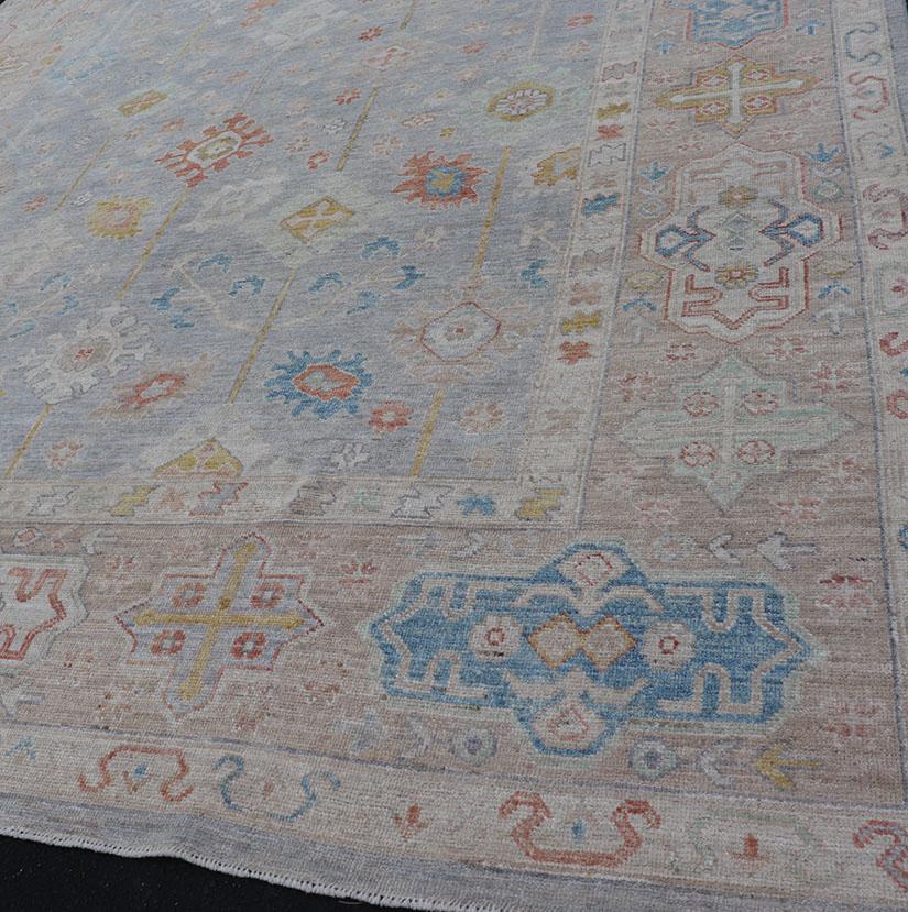 Modern Oushak Rug Hand Knotted on a Light Gray Field and Rusty Orange 4