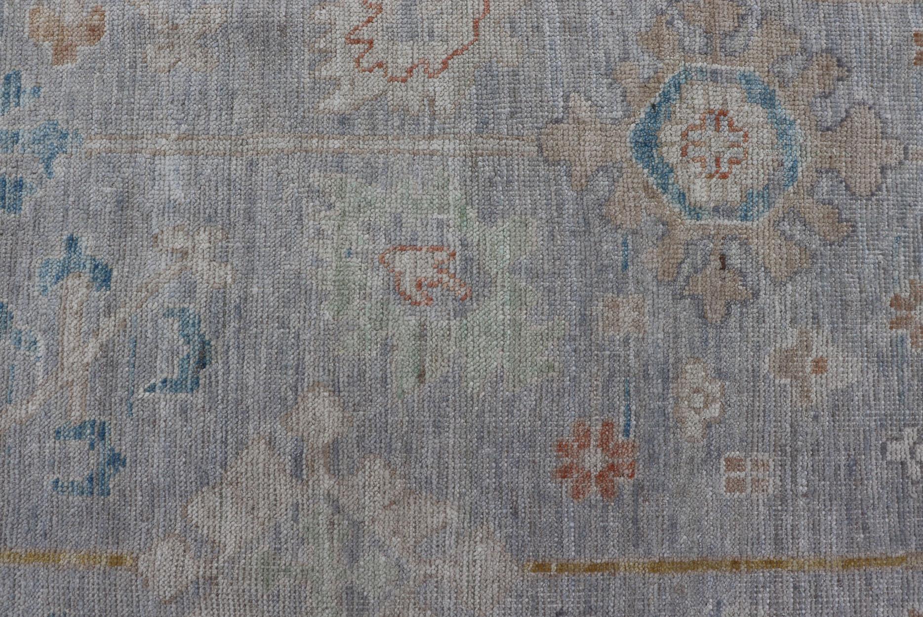 Afghan Modern Oushak Rug Hand Knotted on a Light Gray Field and Rusty Orange