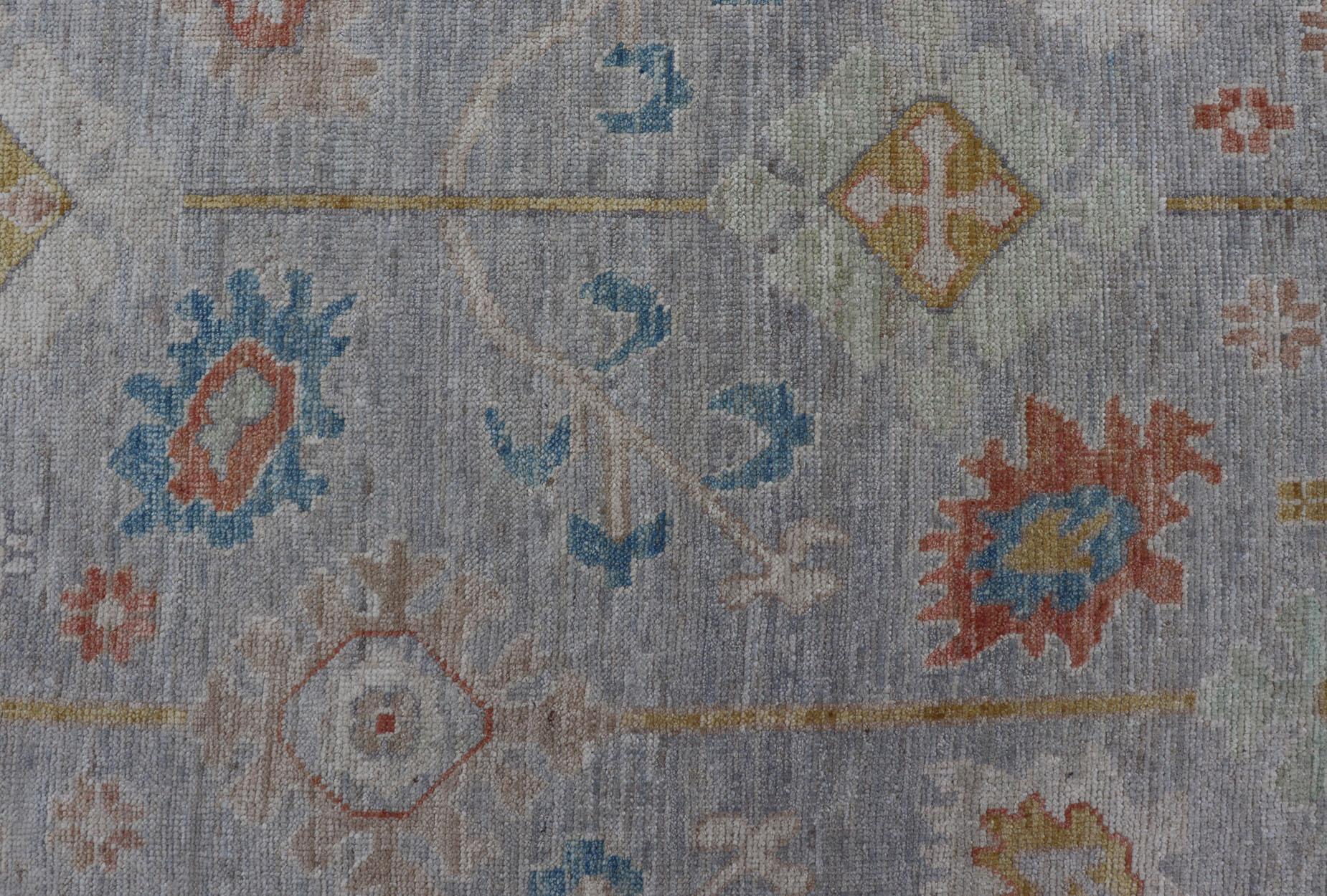 Modern Oushak Rug Hand Knotted on a Light Gray Field and Rusty Orange In New Condition In Atlanta, GA