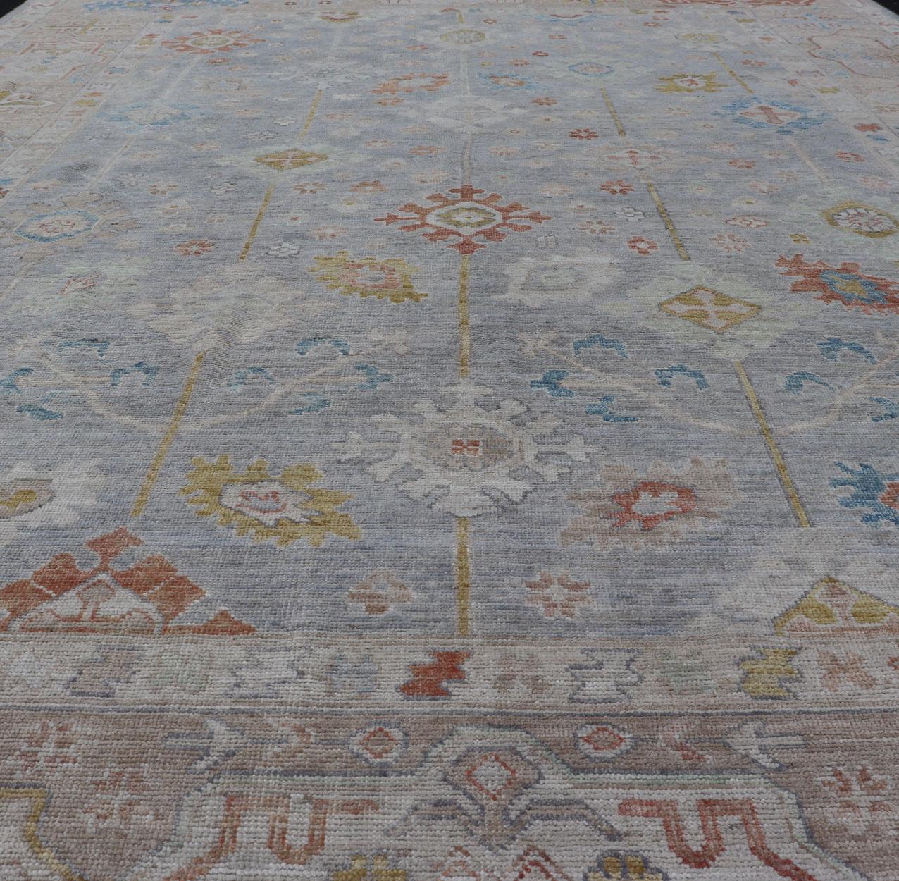 Modern Oushak Rug Hand Knotted on a Light Gray Field and Rusty Orange 2
