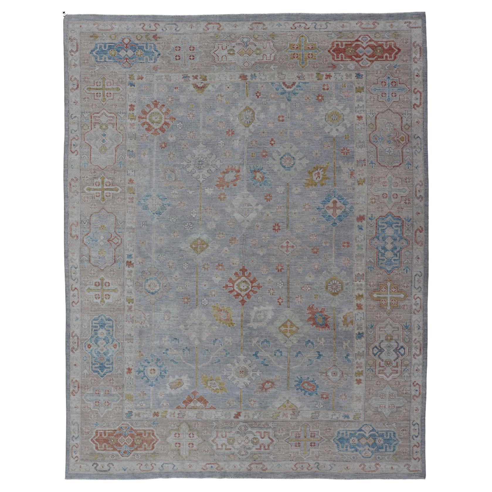 Modern Oushak Rug Hand Knotted on a Light Gray Field and Rusty Orange