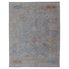 Modern Oushak Rug Hand Knotted on a Light Gray Field and Rusty Orange
