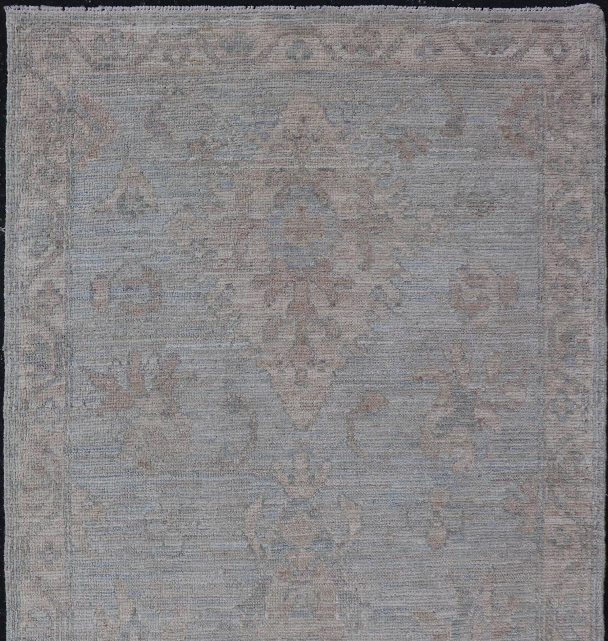 Afghan Modern Oushak Rug in All-Over Floral Motifs in Light Blue-Gray and Creams For Sale