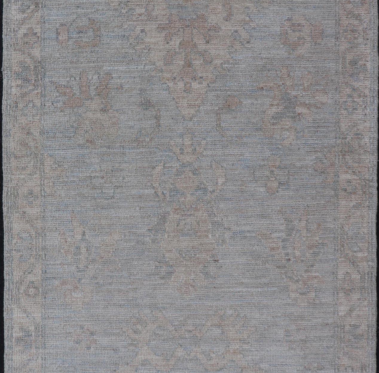 Hand-Knotted Modern Oushak Rug in All-Over Floral Motifs in Light Blue-Gray and Creams For Sale