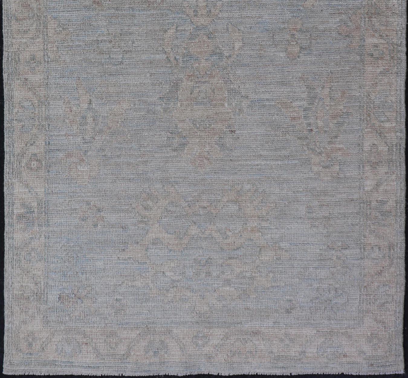 Modern Oushak Rug in All-Over Floral Motifs in Light Blue-Gray and Creams In New Condition For Sale In Atlanta, GA