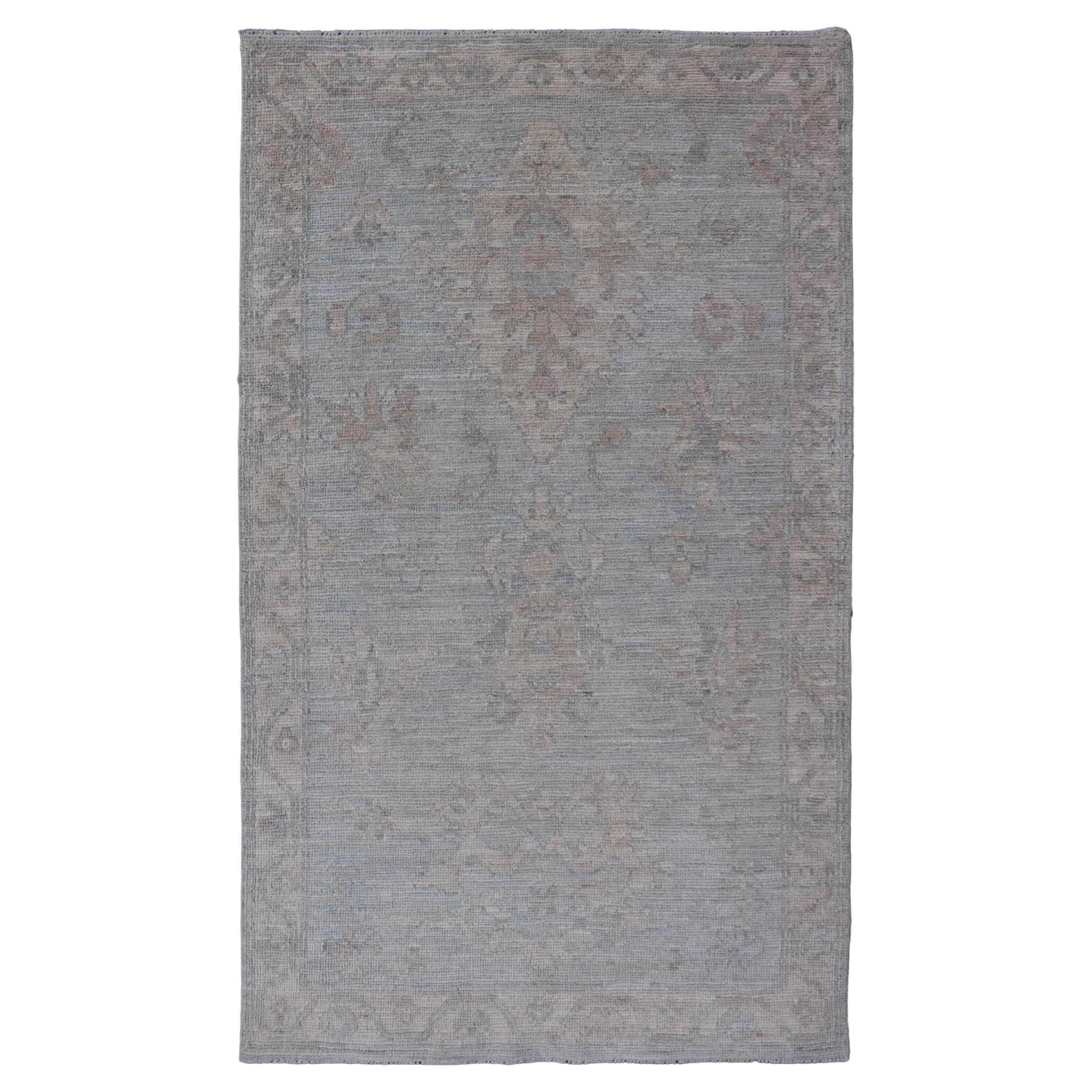 Modern Oushak Rug in All-Over Floral Motifs in Light Blue-Gray and Creams For Sale
