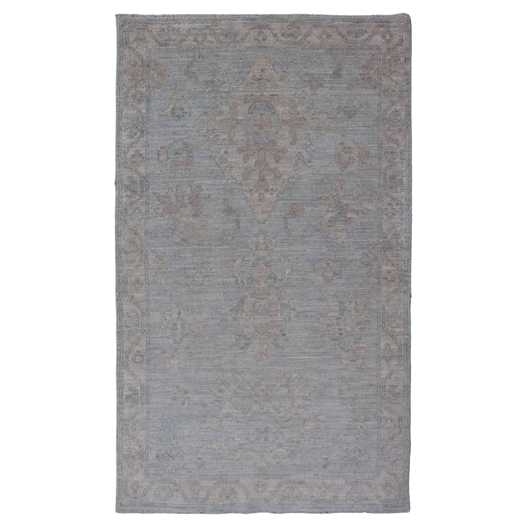 Modern Oushak Rug in AllOver Floral Motifs in Light BlueGray and