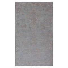 Modern Oushak Rug in All-Over Floral Motifs in Light Blue-Gray and Creams