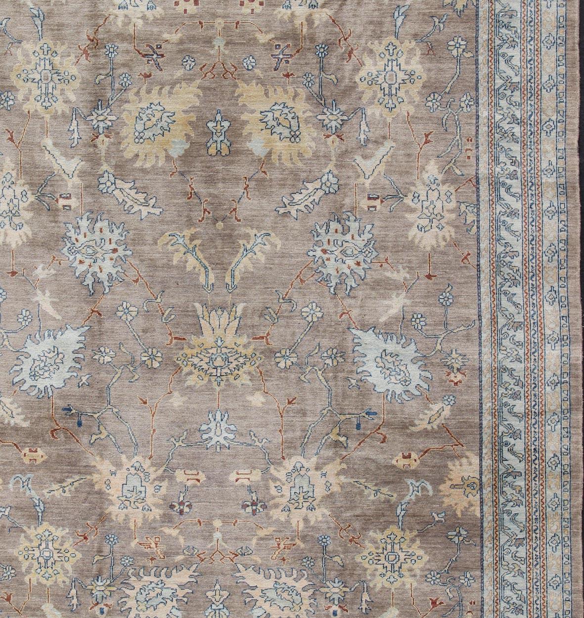 Hand-Knotted Modern Oushak Rug in Mushroom, Blue, Neutrals and All-Over Design For Sale