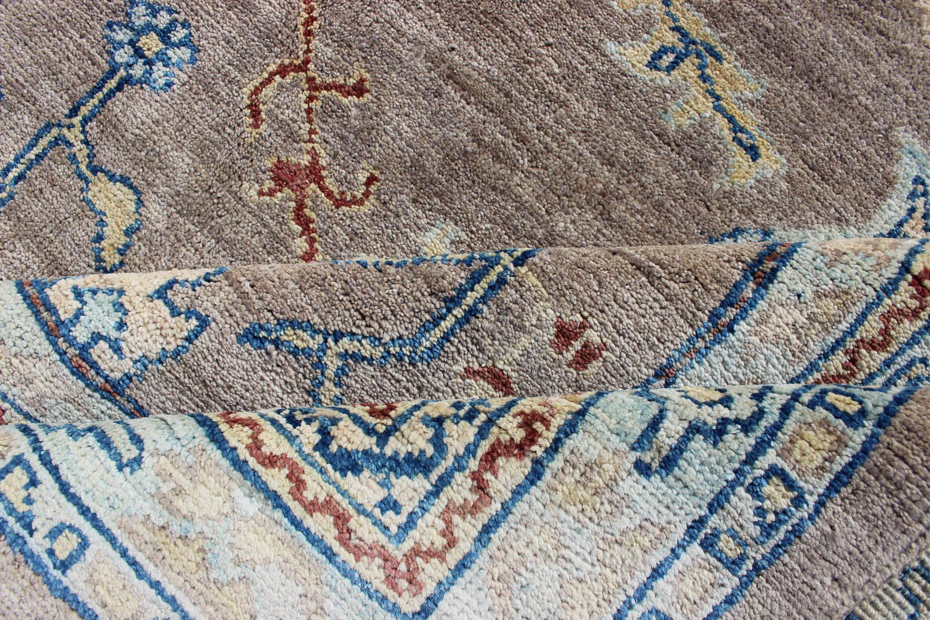 Modern Oushak Rug in Mushroom, Blue, Neutrals and All-Over Design In Excellent Condition For Sale In Atlanta, GA