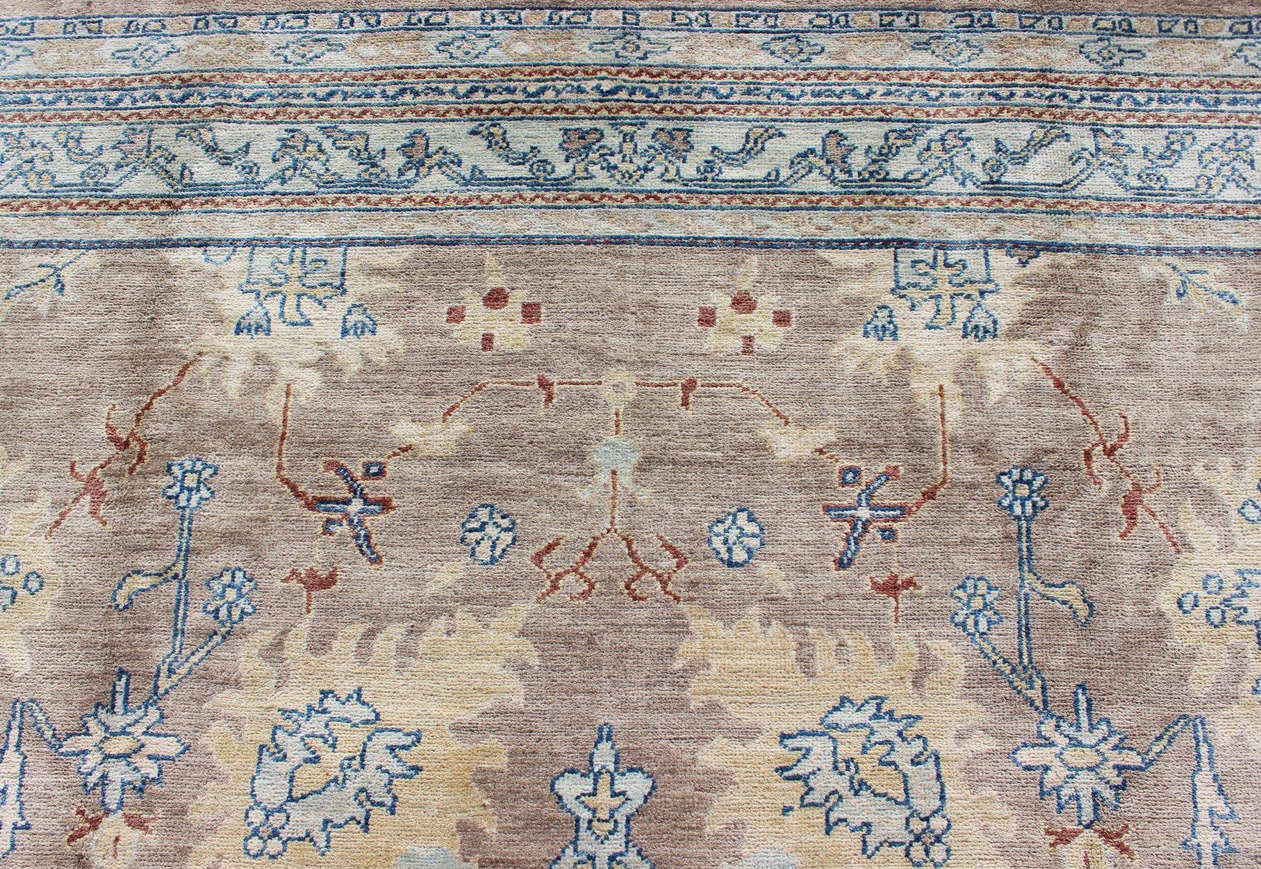 Contemporary Modern Oushak Rug in Mushroom, Blue, Neutrals and All-Over Design For Sale
