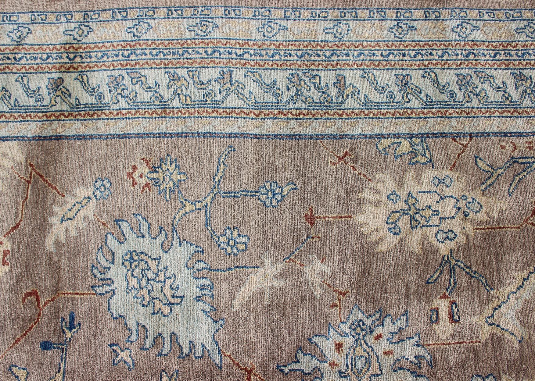 Wool Modern Oushak Rug in Mushroom, Blue, Neutrals and All-Over Design For Sale