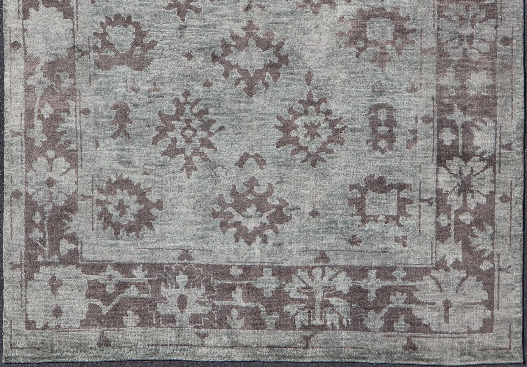 Tappeto Oushak moderno in lana con disegni sub-geometrici in verde e marrone 9'3 x 13 in vendita 3