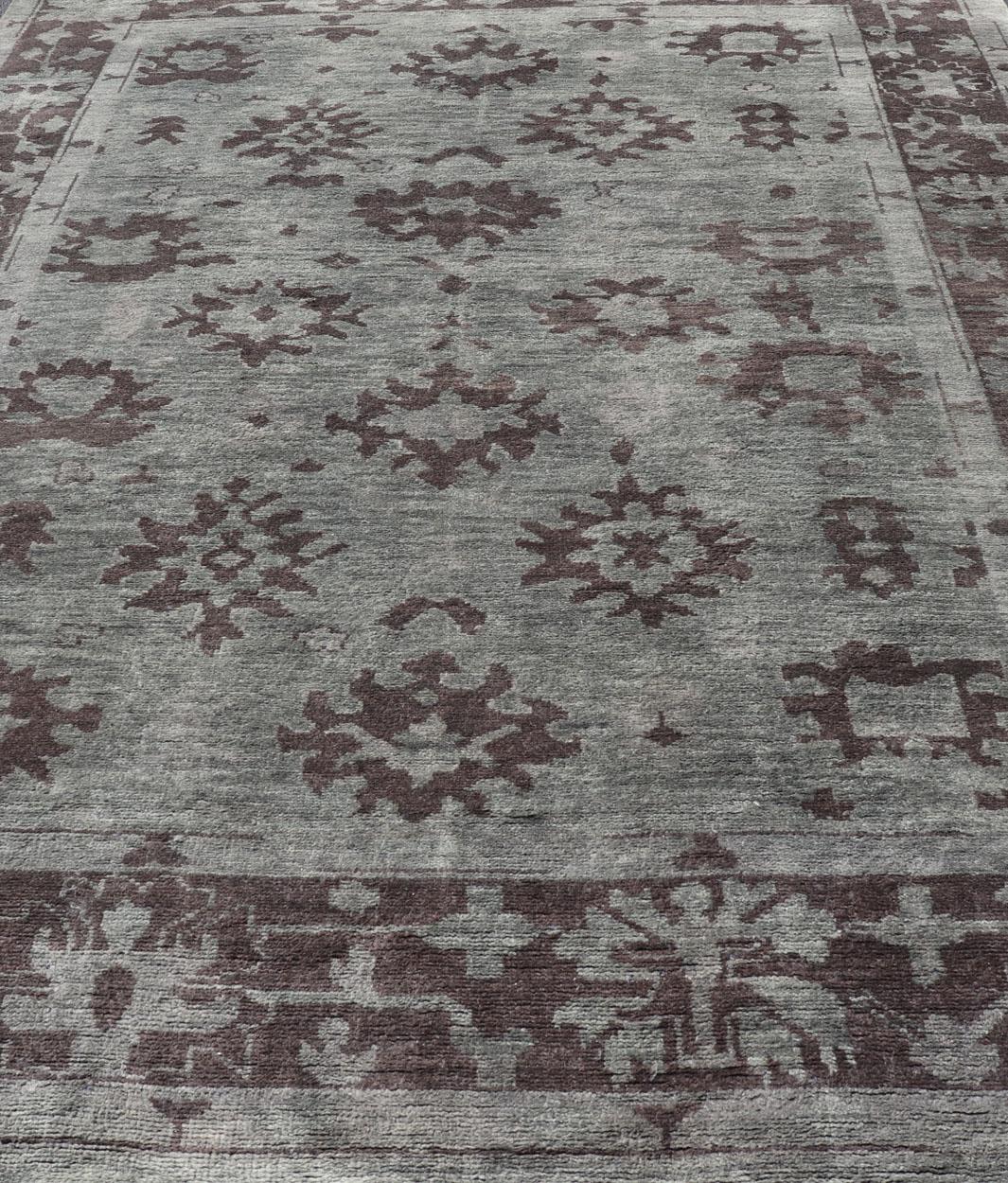 Tappeto Oushak moderno in lana con disegni sub-geometrici in verde e marrone 9'3 x 13 in vendita 6