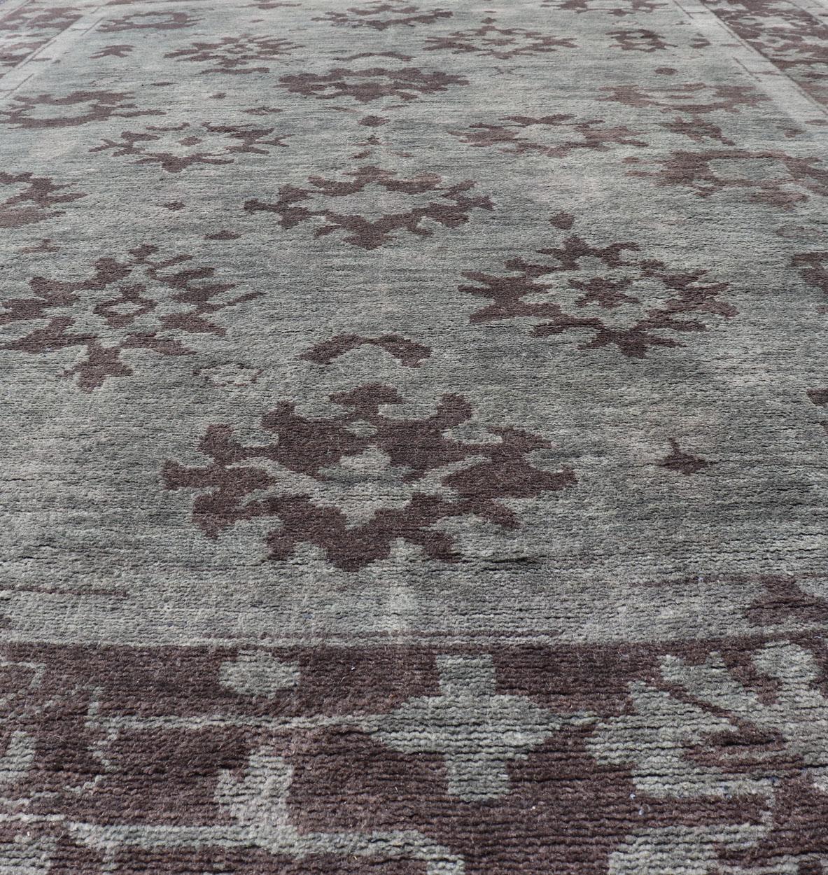 Tappeto Oushak moderno in lana con disegni sub-geometrici in verde e marrone 9'3 x 13 in vendita 7