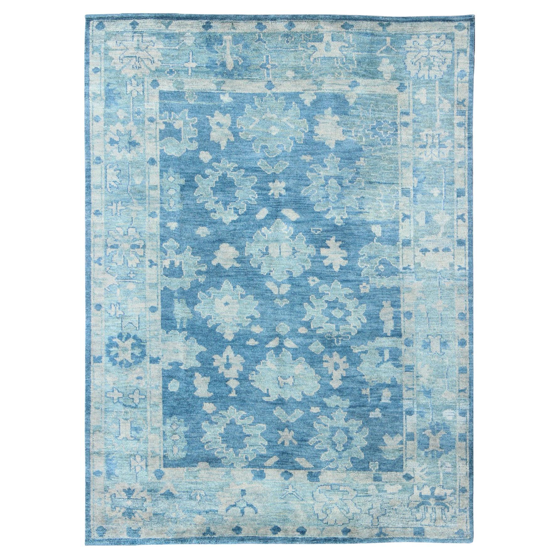  Modern Oushak Rug in Wool With Sub-Geometric Floral Design in Blue 