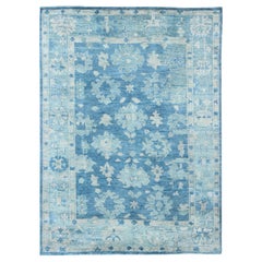  Modern Oushak Rug in Wool With Sub-Geometric Floral Design in Blue 