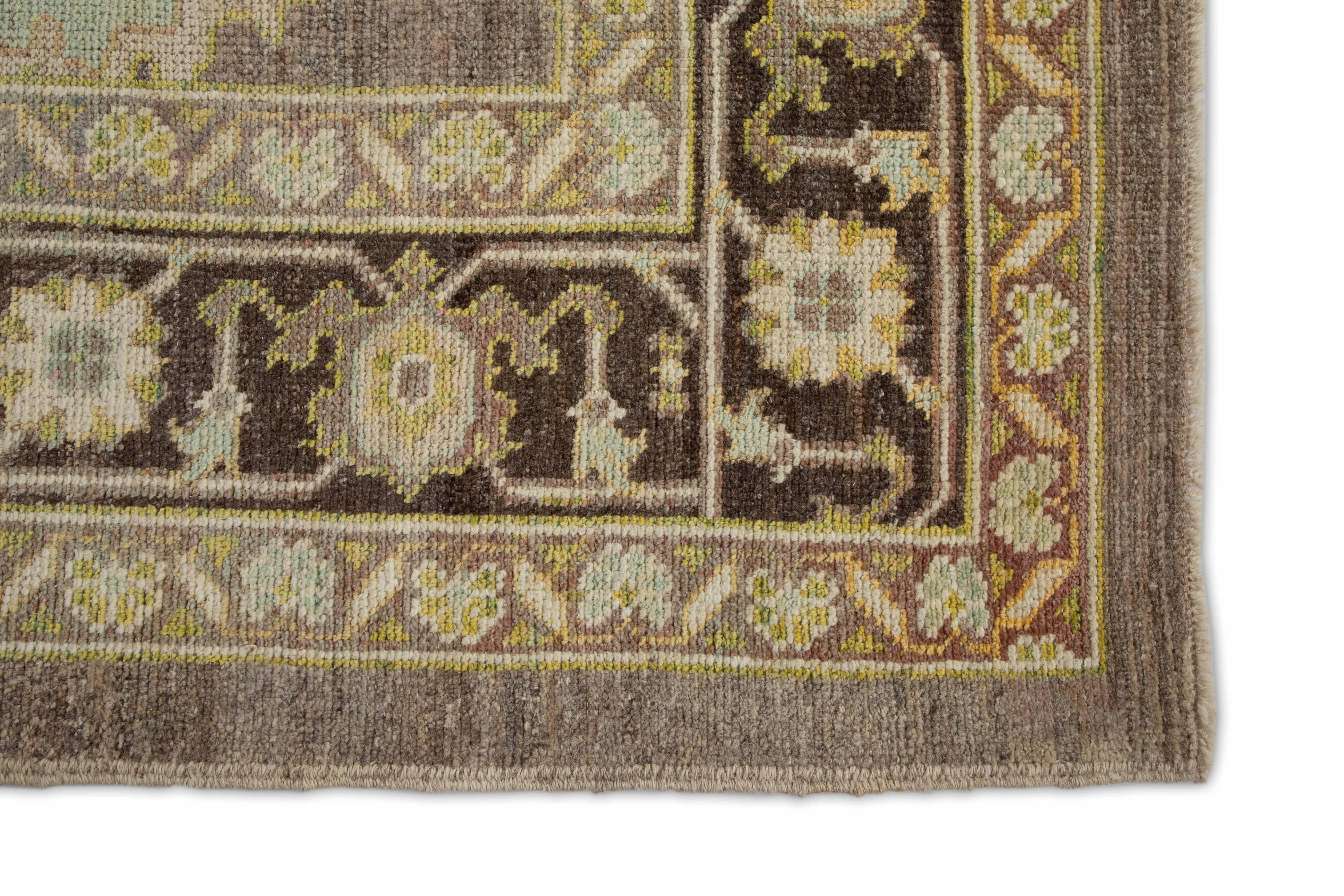 Islamic Modern Oushak Rug Made in Turkey with Special Floral Border in Black and Beige For Sale