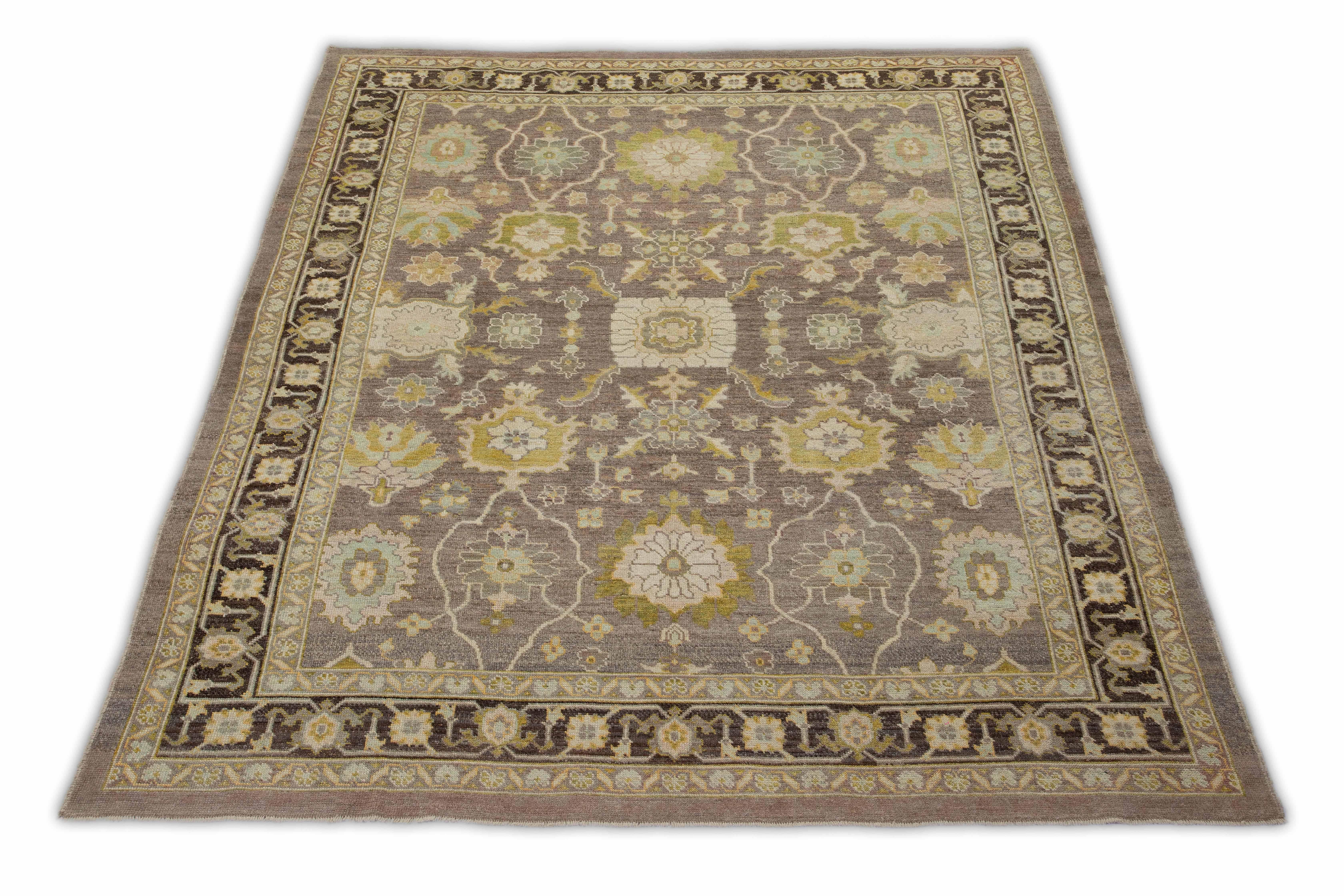 Persian Modern Oushak Rug Made in Turkey with Special Floral Border in Black and Beige For Sale
