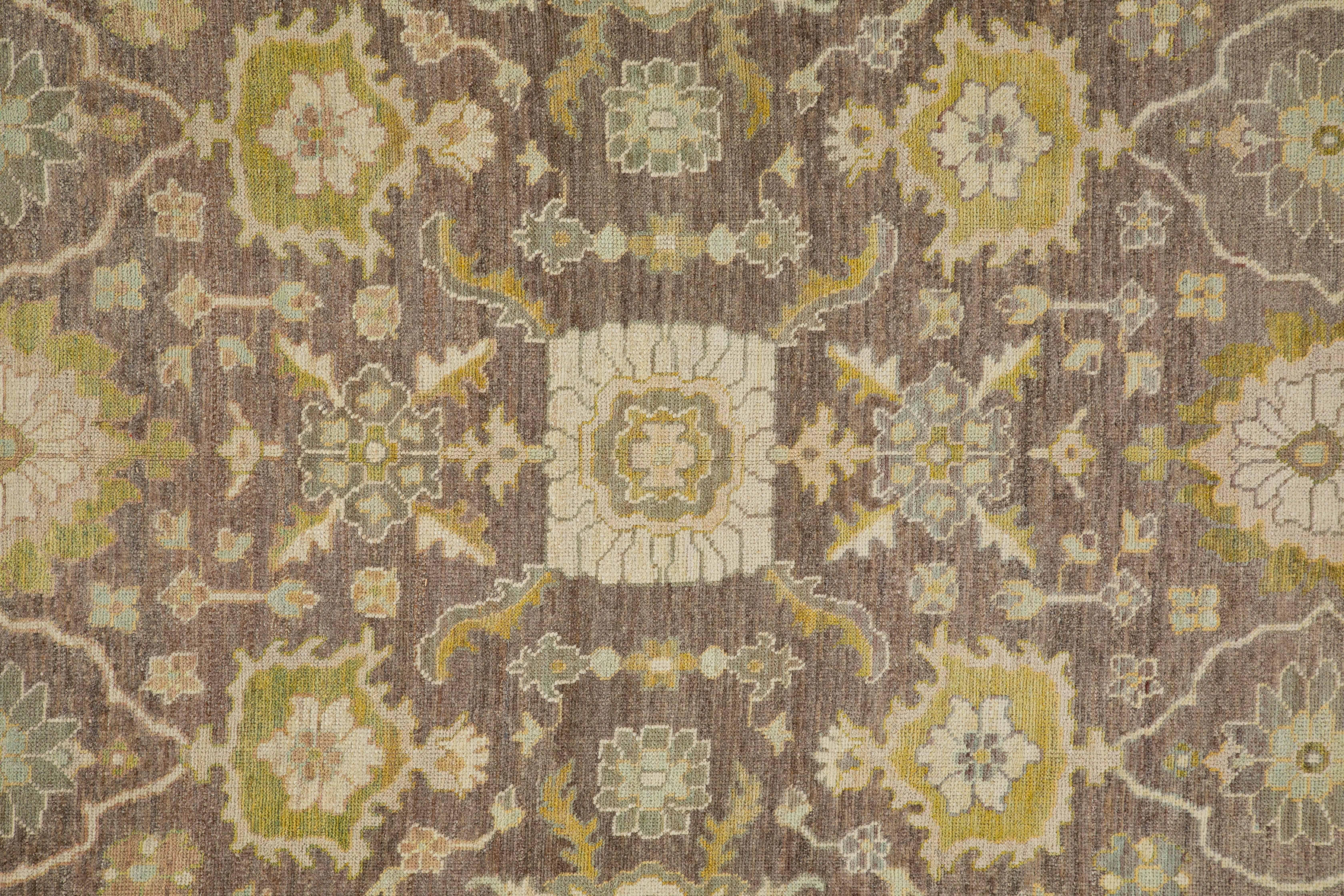 Hand-Woven Modern Oushak Rug Made in Turkey with Special Floral Border in Black and Beige For Sale