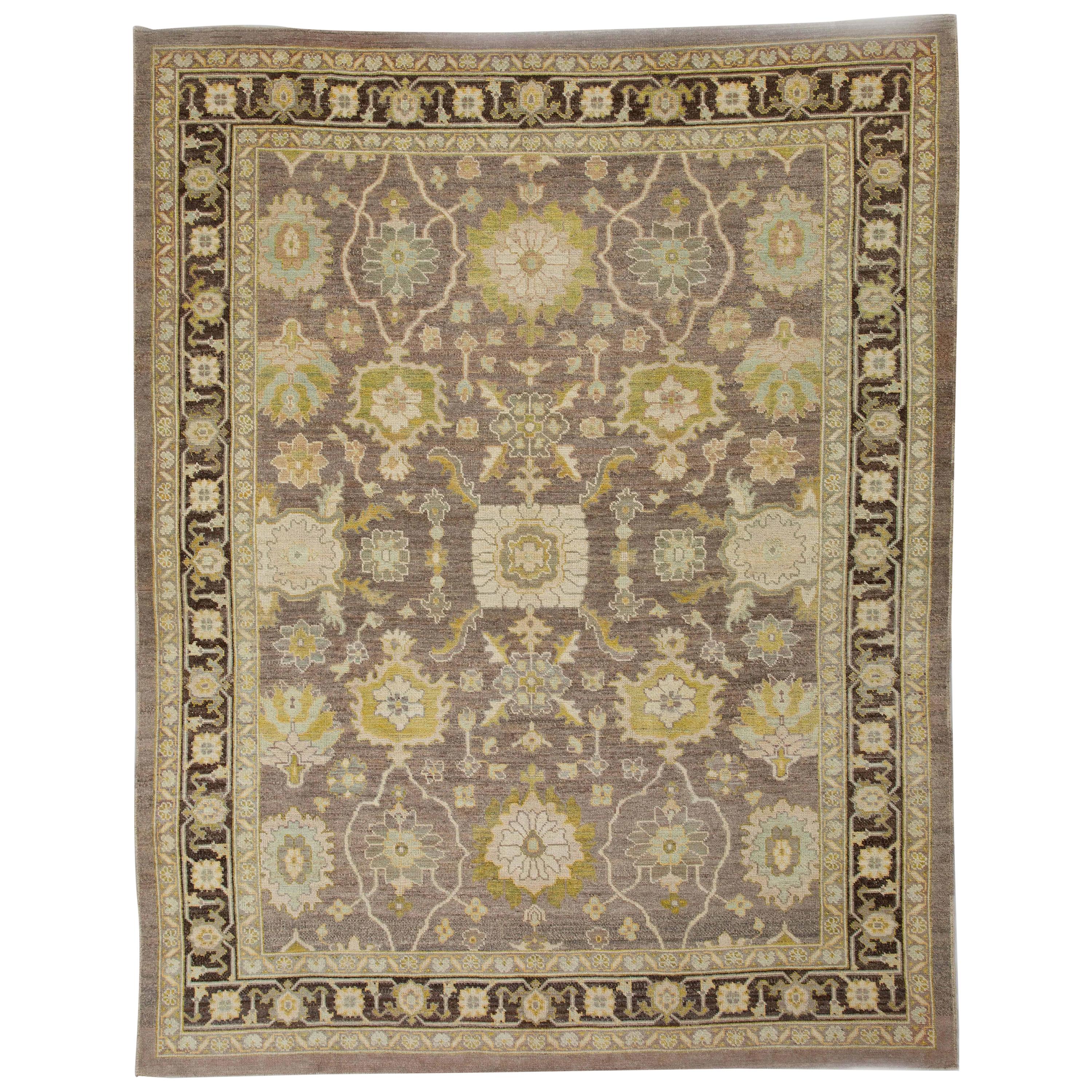 Modern Oushak Rug Made in Turkey with Special Floral Border in Black and Beige For Sale