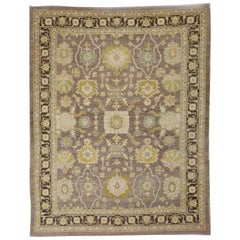 Modern Oushak Rug Made in Turkey with Special Floral Border in Black and Beige