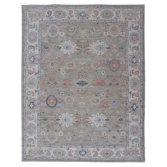 Tapis moderne Oushak avec un mélange doux de verts froids et de fleurs 9'0 x 12'4