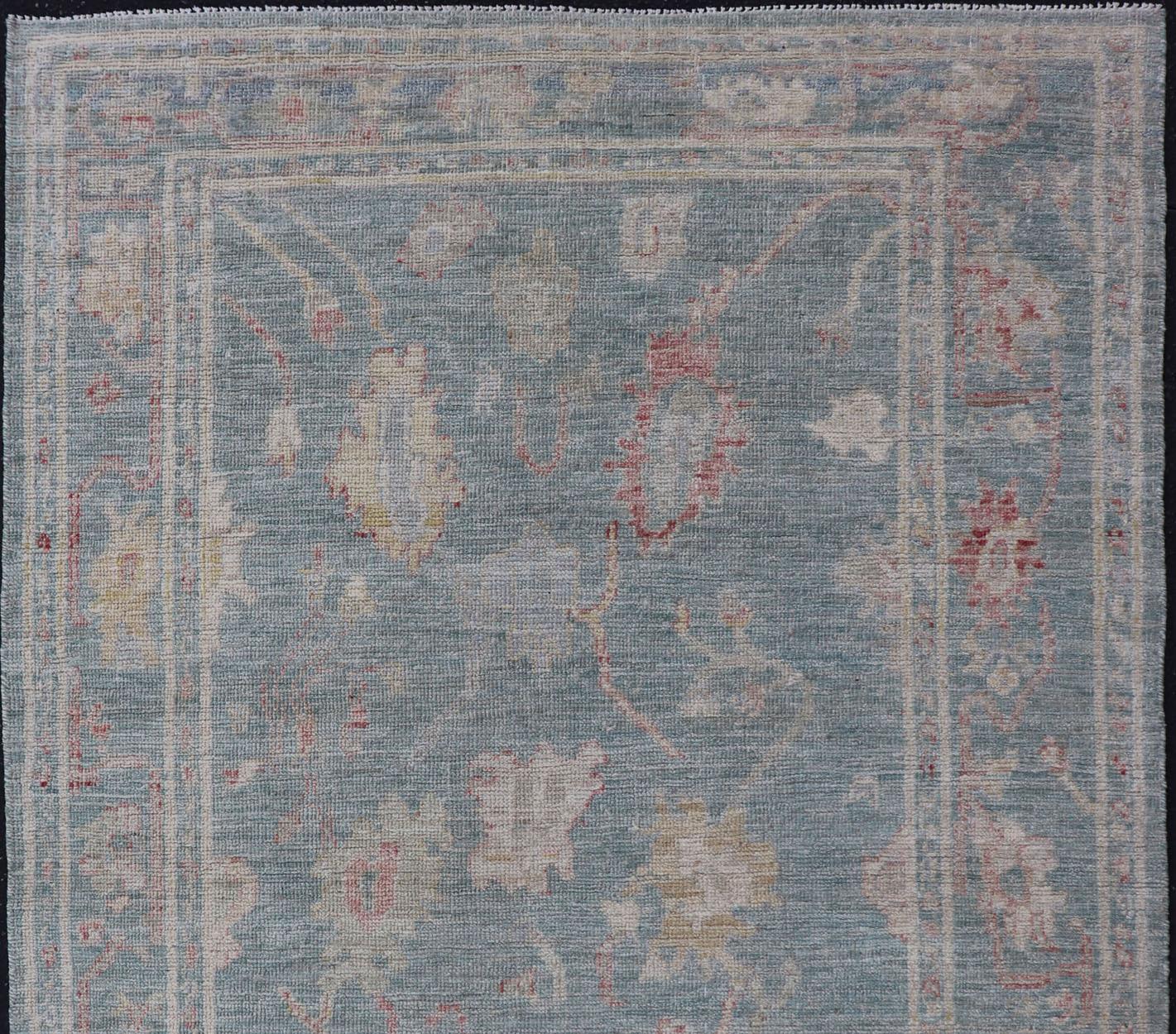 Modern Oushak Rug with a Light Blue-Gray Field by Keivan Woven Arts  For Sale 2
