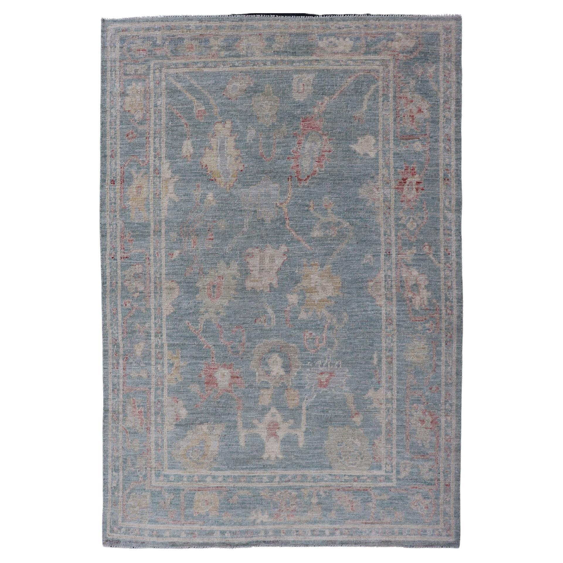 Modern Oushak Rug with a Light Blue-Gray Field by Keivan Woven Arts  For Sale