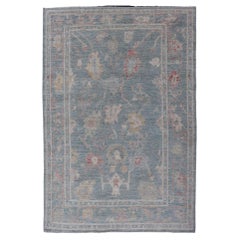 Modern Oushak Rug with a Light Blue-Gray Field by Keivan Woven Arts 