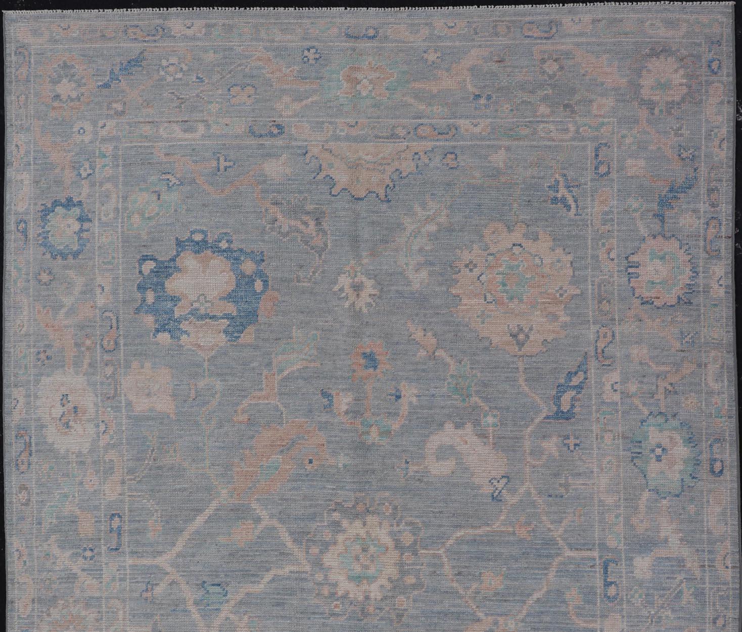 Modern Oushak Rug With in Light Gray Blue Background and All-Over Floral Motifs For Sale 3