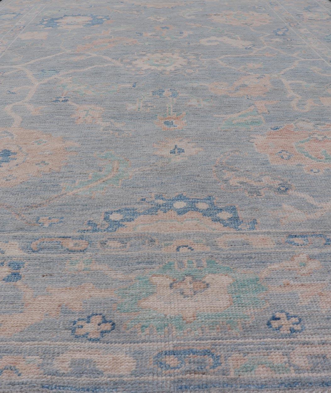 Modern Oushak Rug With in Light Gray Blue Background and All-Over Floral Motifs In New Condition For Sale In Atlanta, GA