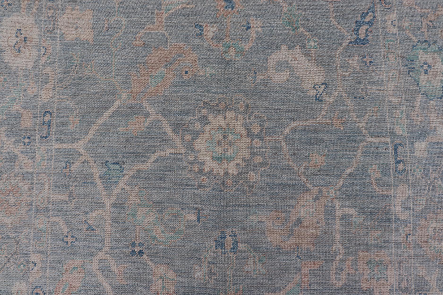 Contemporary Modern Oushak Rug With in Light Gray Blue Background and All-Over Floral Motifs For Sale