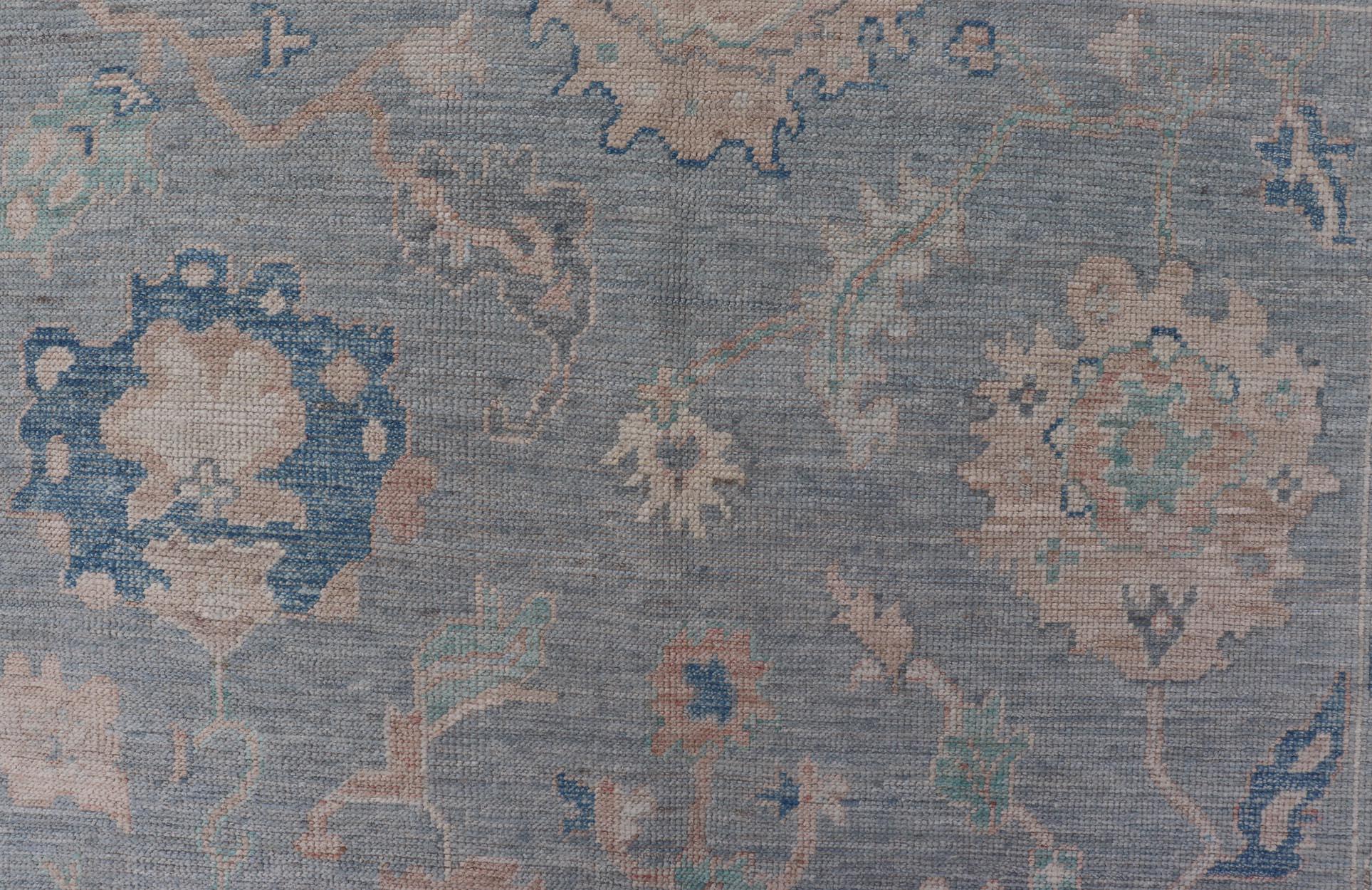 Wool Modern Oushak Rug With in Light Gray Blue Background and All-Over Floral Motifs For Sale