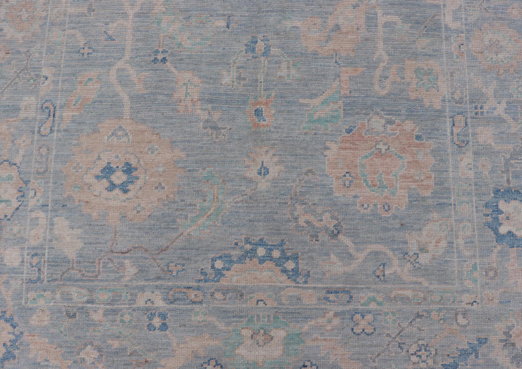 Modern Oushak Rug With in Light Gray Blue Background and All-Over Floral Motifs For Sale 1