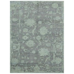 Modern Oushak Rug with Beautiful Gray Field and Blue Flower Details All-over