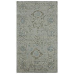 Modern Oushak Rug with Beige Field and a Mix of Gray and Blue Floral Border