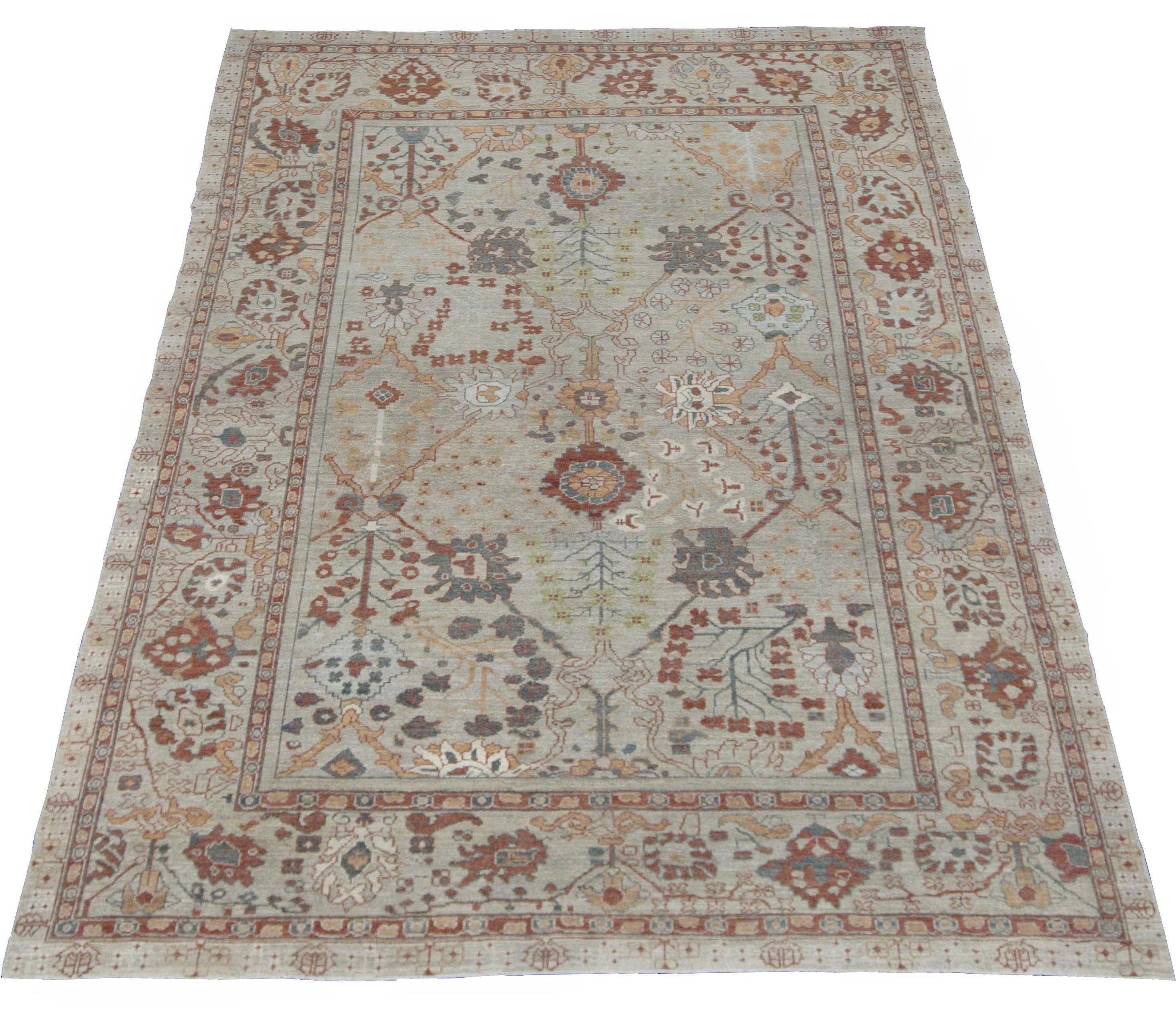 Hand-Woven Modern Oushak Rug with Beige Field and a Mix of Red and Gray Flower Details For Sale