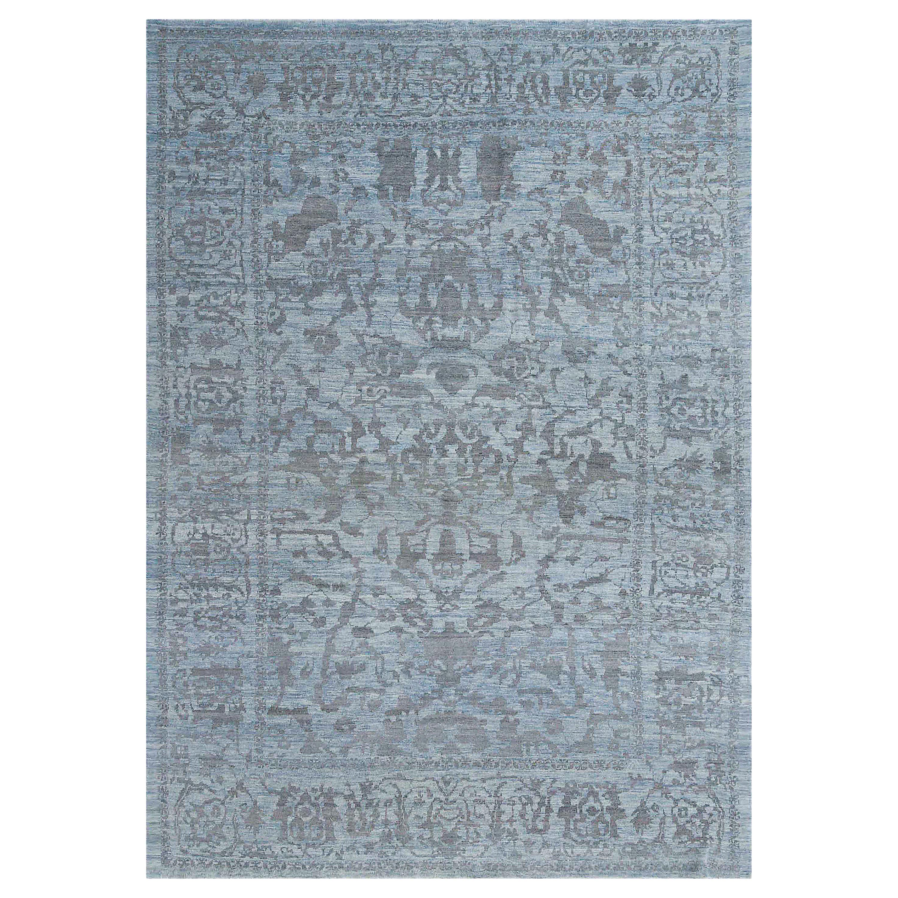 Modern Oushak Rug with Floral Designs in Gray on Blue Field For Sale