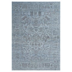 Modern Oushak Rug with Floral Designs in Gray on Blue Field
