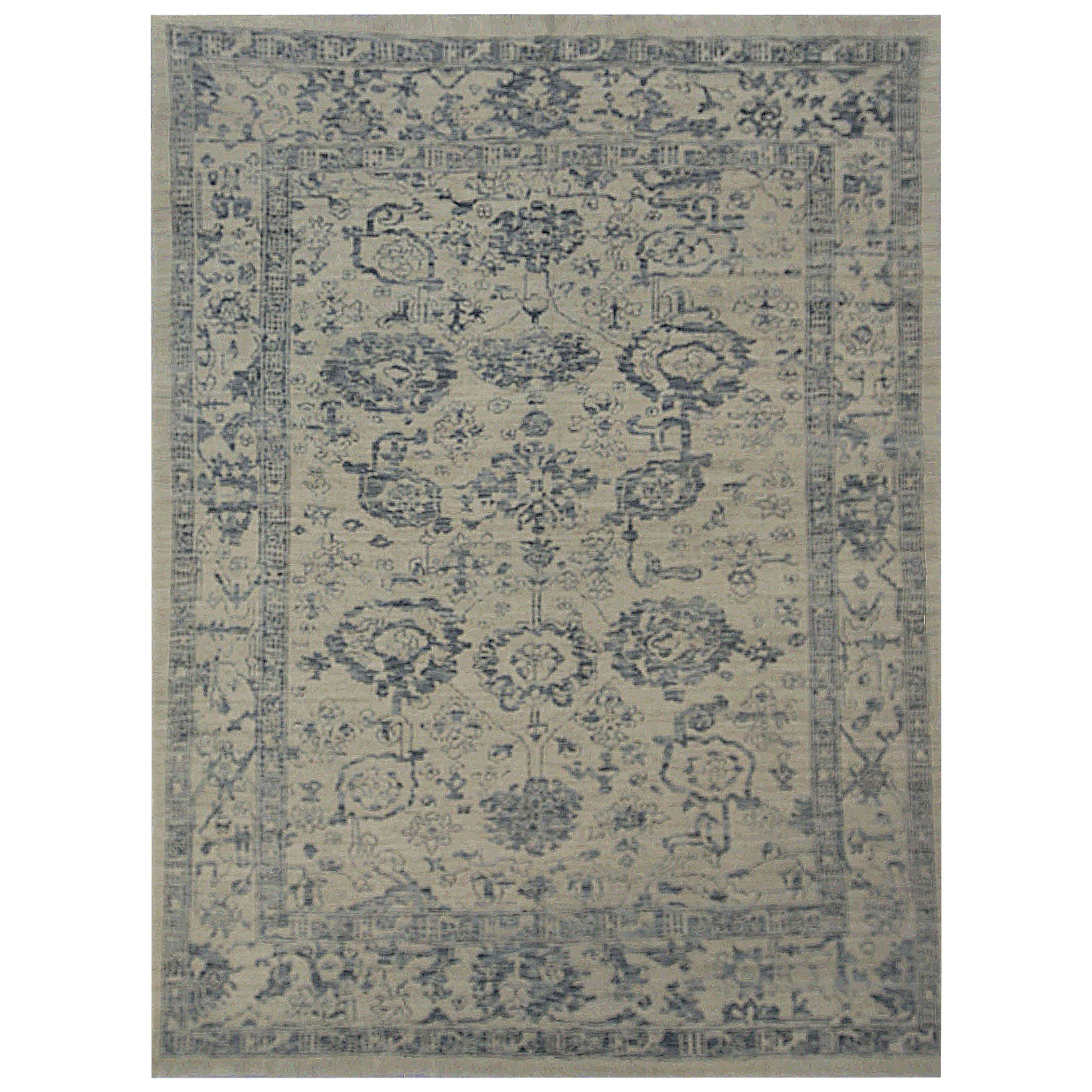 Modern Oushak Rug with Floral Details in Navy and Gray on Beige Ivory Field