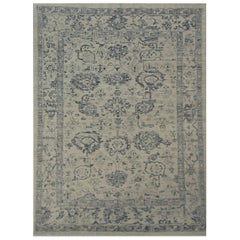 Modern Oushak Rug with Floral Details in Navy and Gray on Beige Ivory Field
