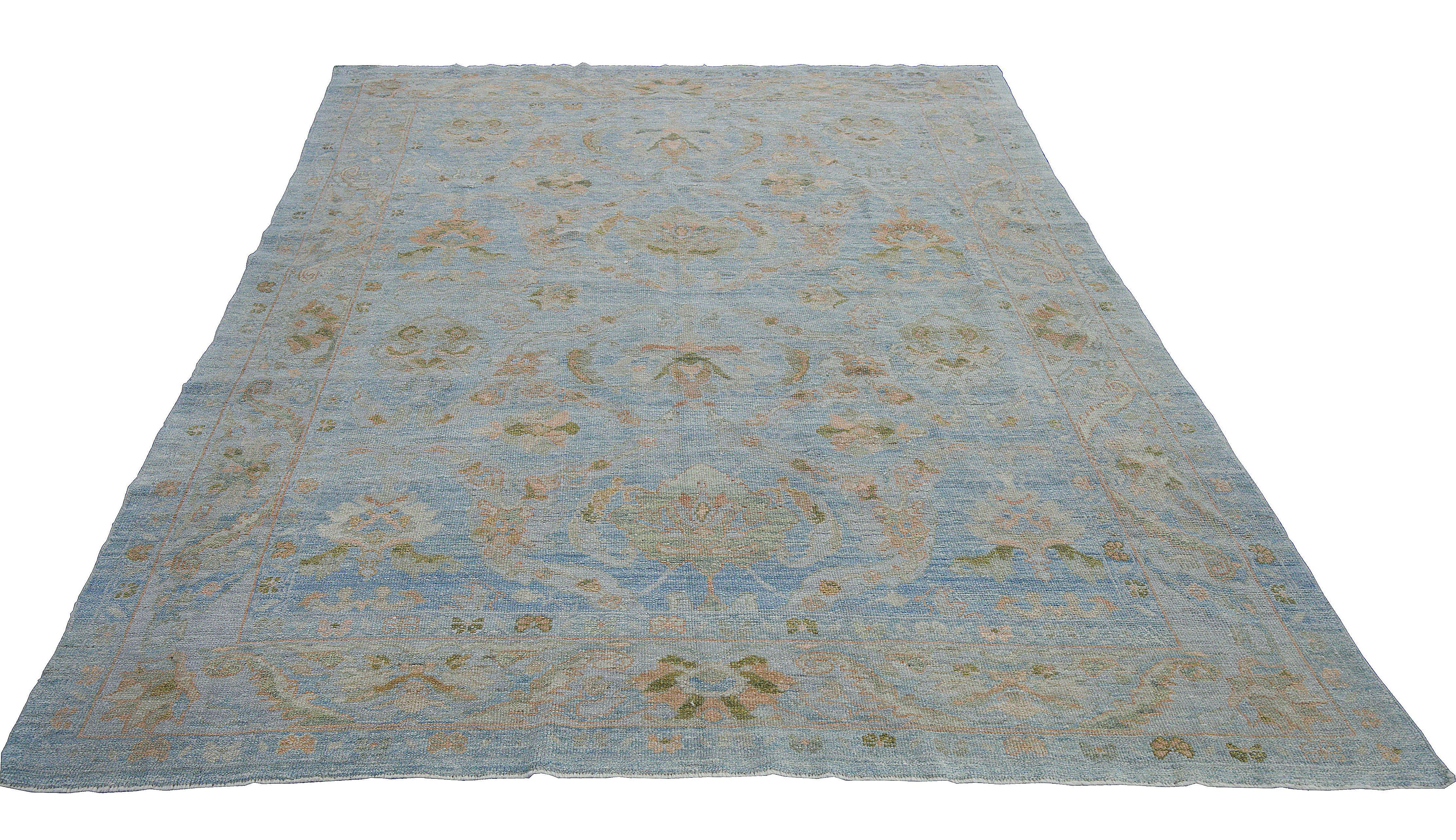 Turkish Modern Oushak Rug with Floral Details in Pink and Gray on Blue Field For Sale