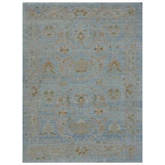 Modern Oushak Rug with Floral Details in Pink and Gray on Blue Field