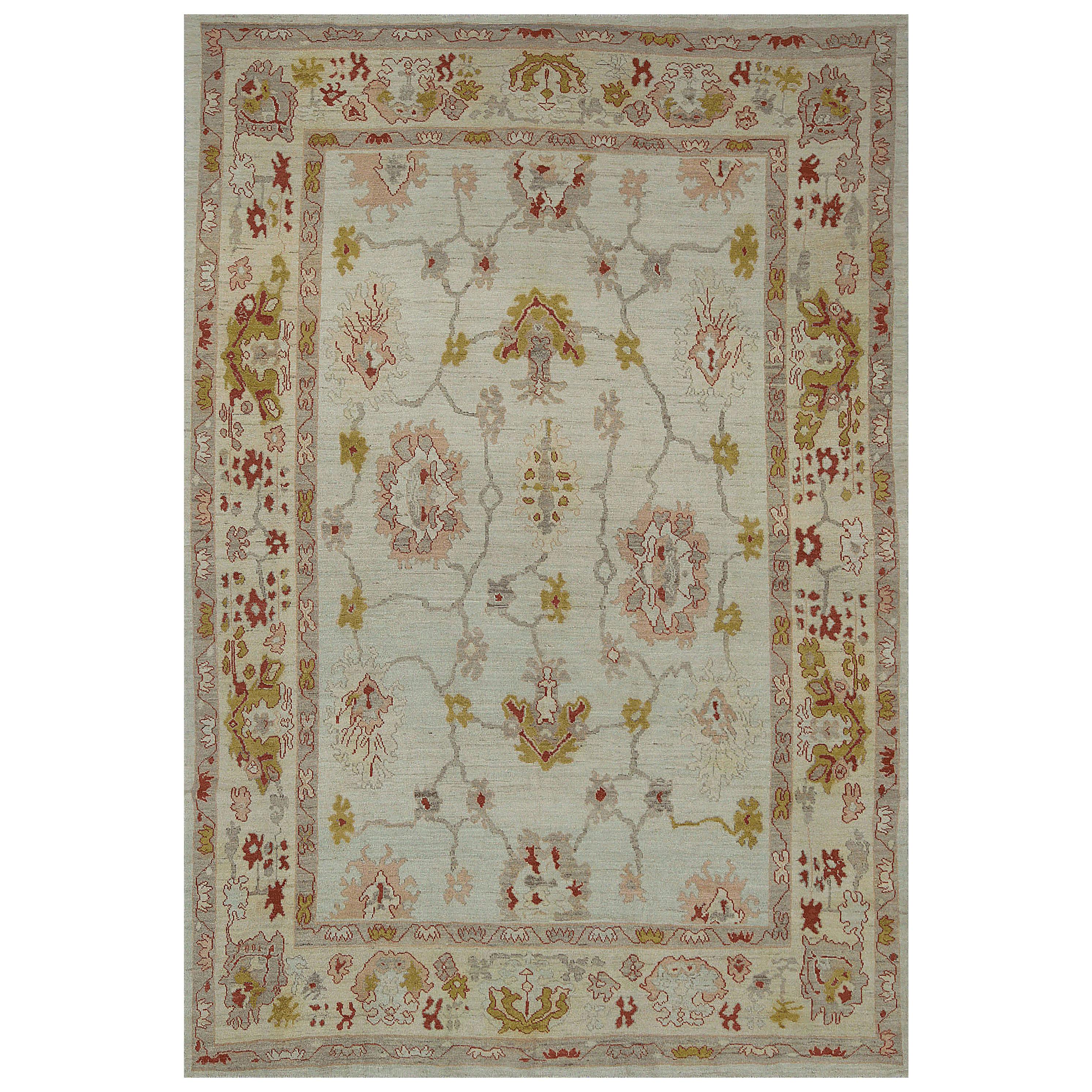 Modern Oushak Rug with Floral Details in Red and Gold on Ivory Gray Field