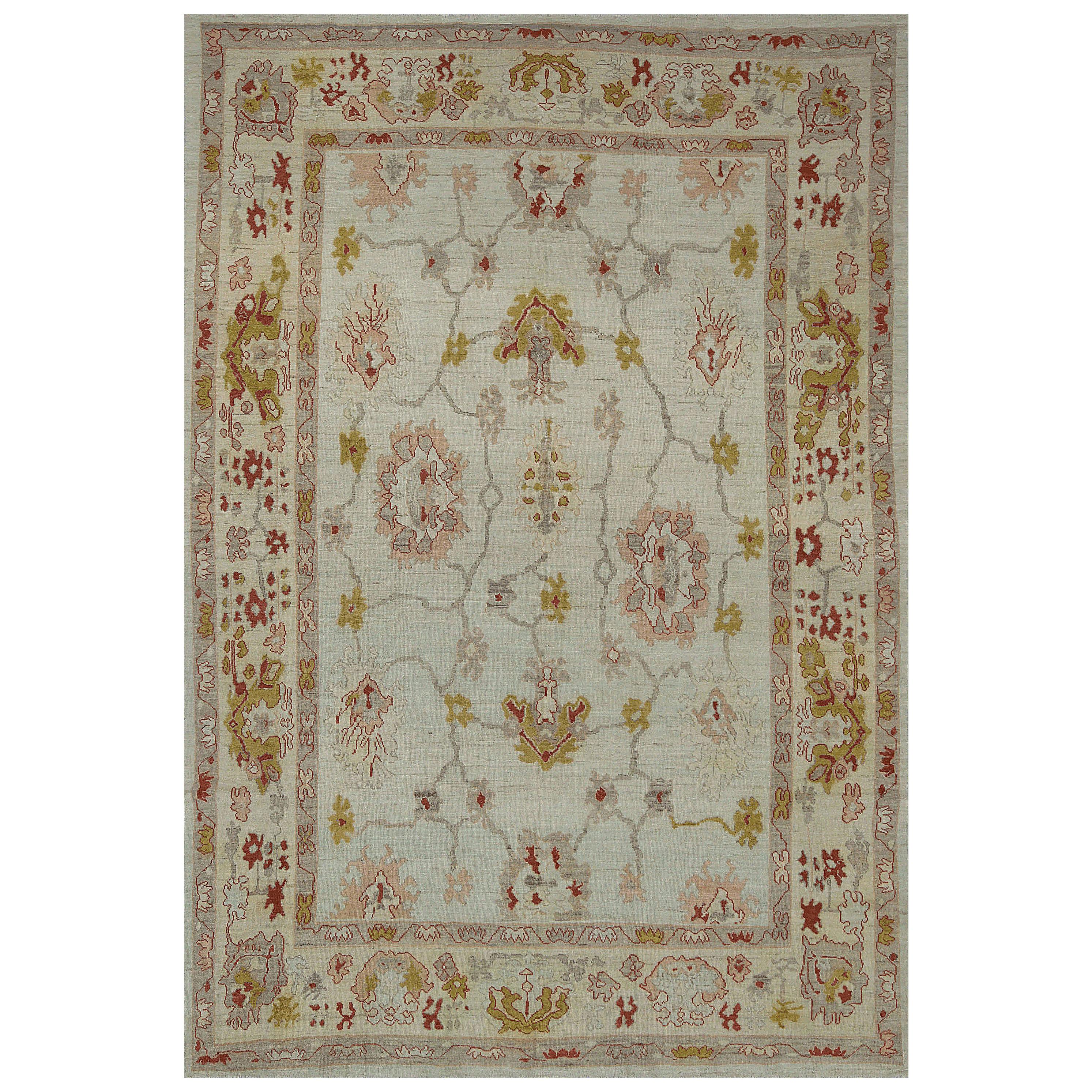 Modern Oushak Rug with Floral Details in Red and Gold on Ivory Gray Field