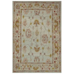 Modern Oushak Rug with Floral Details in Red and Gold on Ivory Gray Field