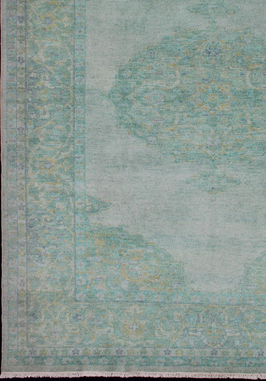 Indian Modern Oushak Rug with Floral Medallion Design in Various Shades of Green For Sale